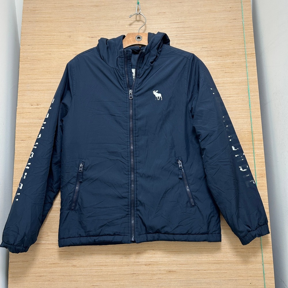 Abercrombie Kids Navy Blue Hooded Windbreaker Jacket Moose Logo Size 13/14